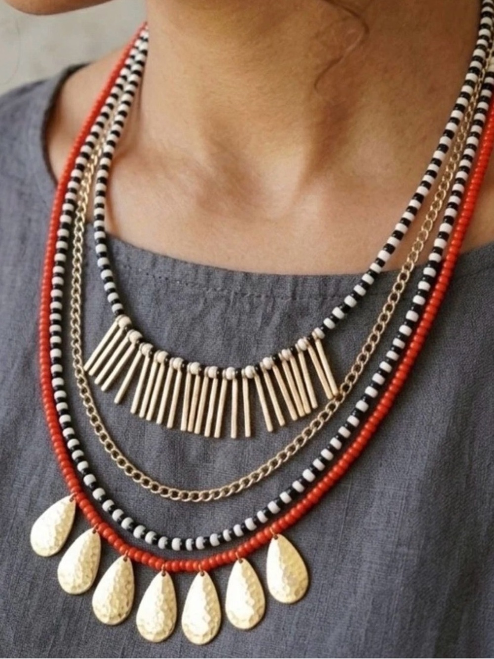 Plunder Design Jewelry Tenaya Black Red Gold Beaded Necklace Multi Strand NWOT